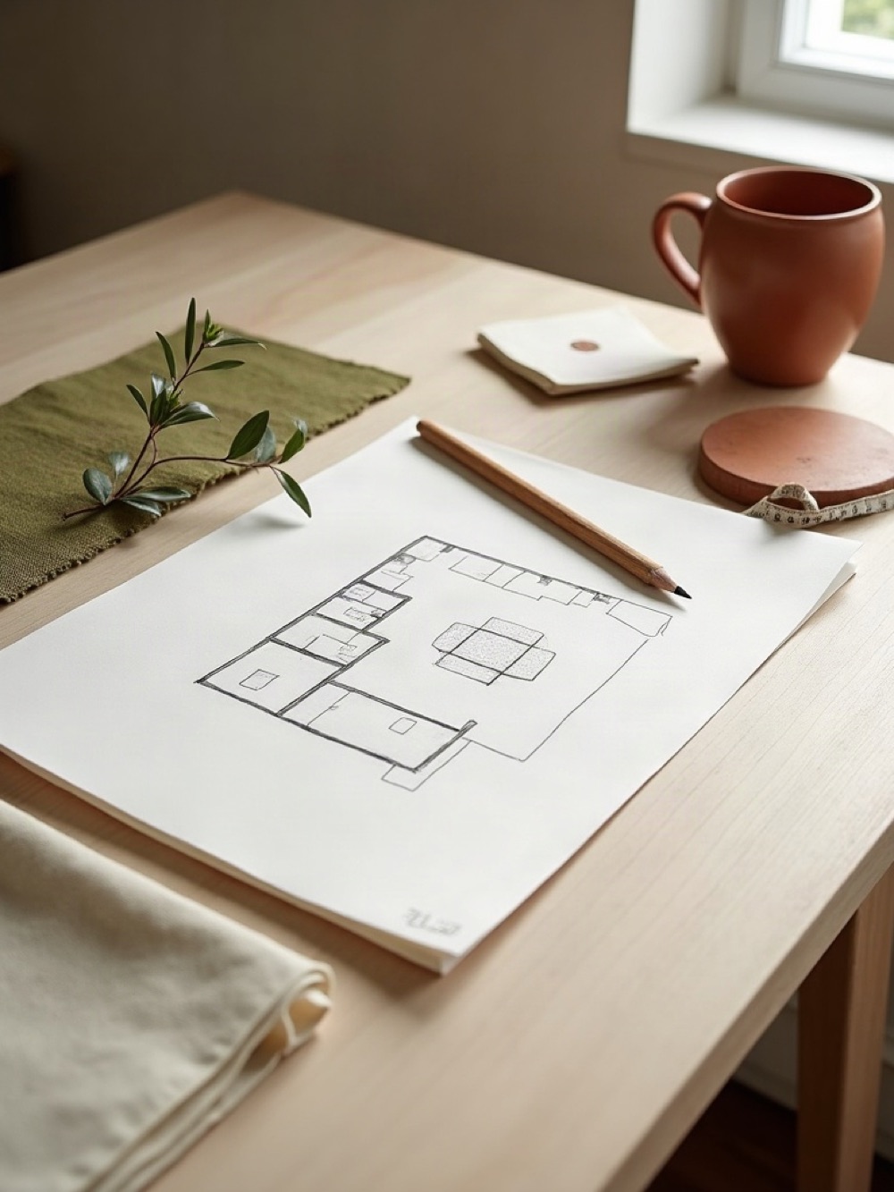 Linen swatches, a terracotta sample, and a pencil floor plan on a styling table