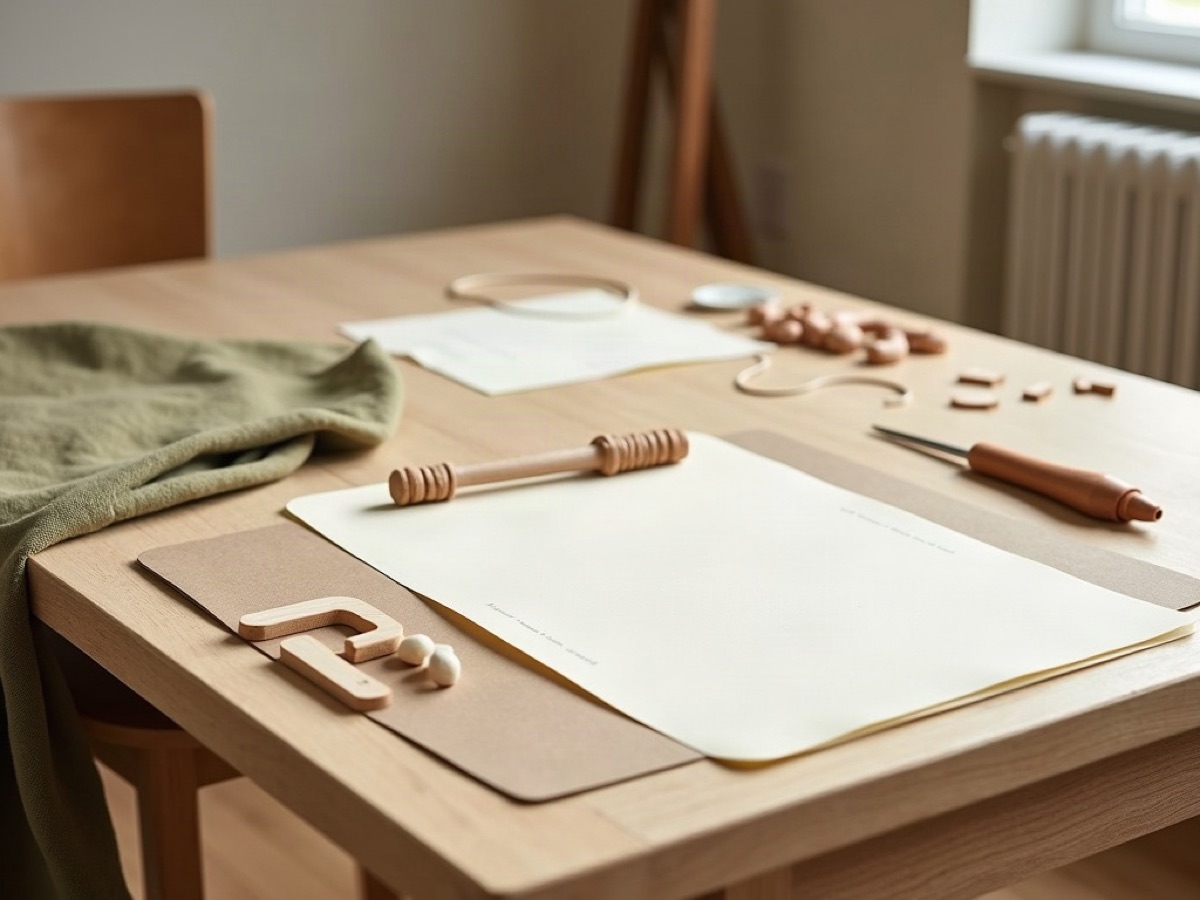 Craft thread, paper, and wooden model parts on a work table