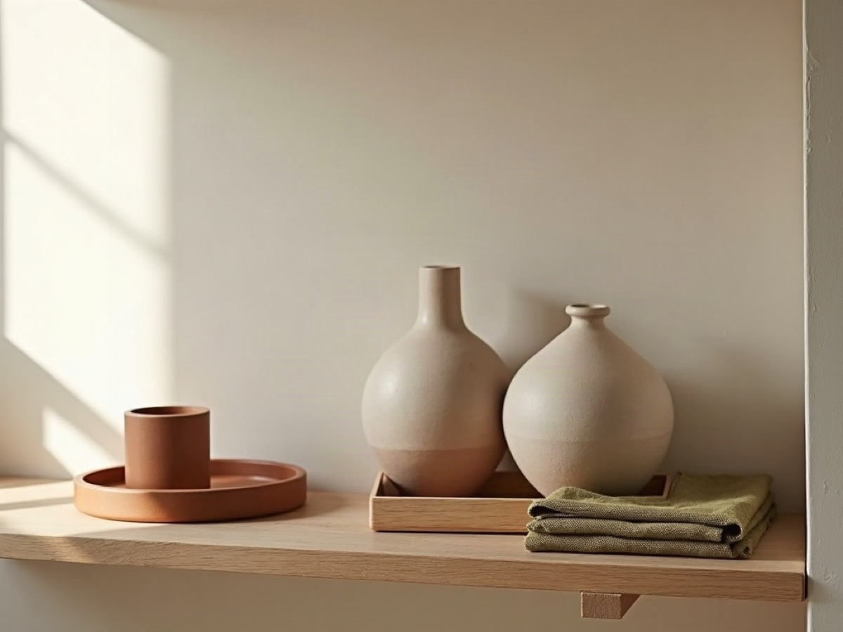 Shelf of ceramic vessels, a wood tray, and olive linen