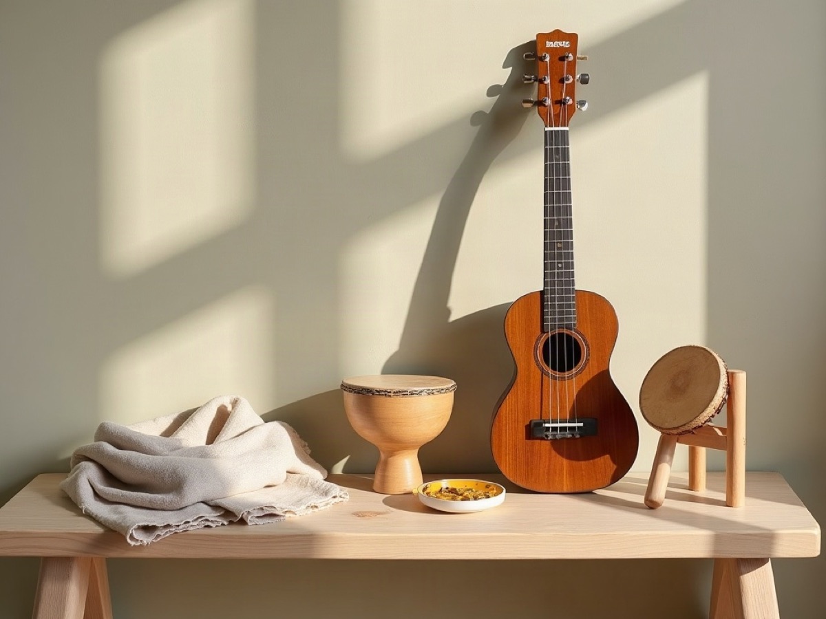 Ukulele, hand drum, and spare strings on a wood bench