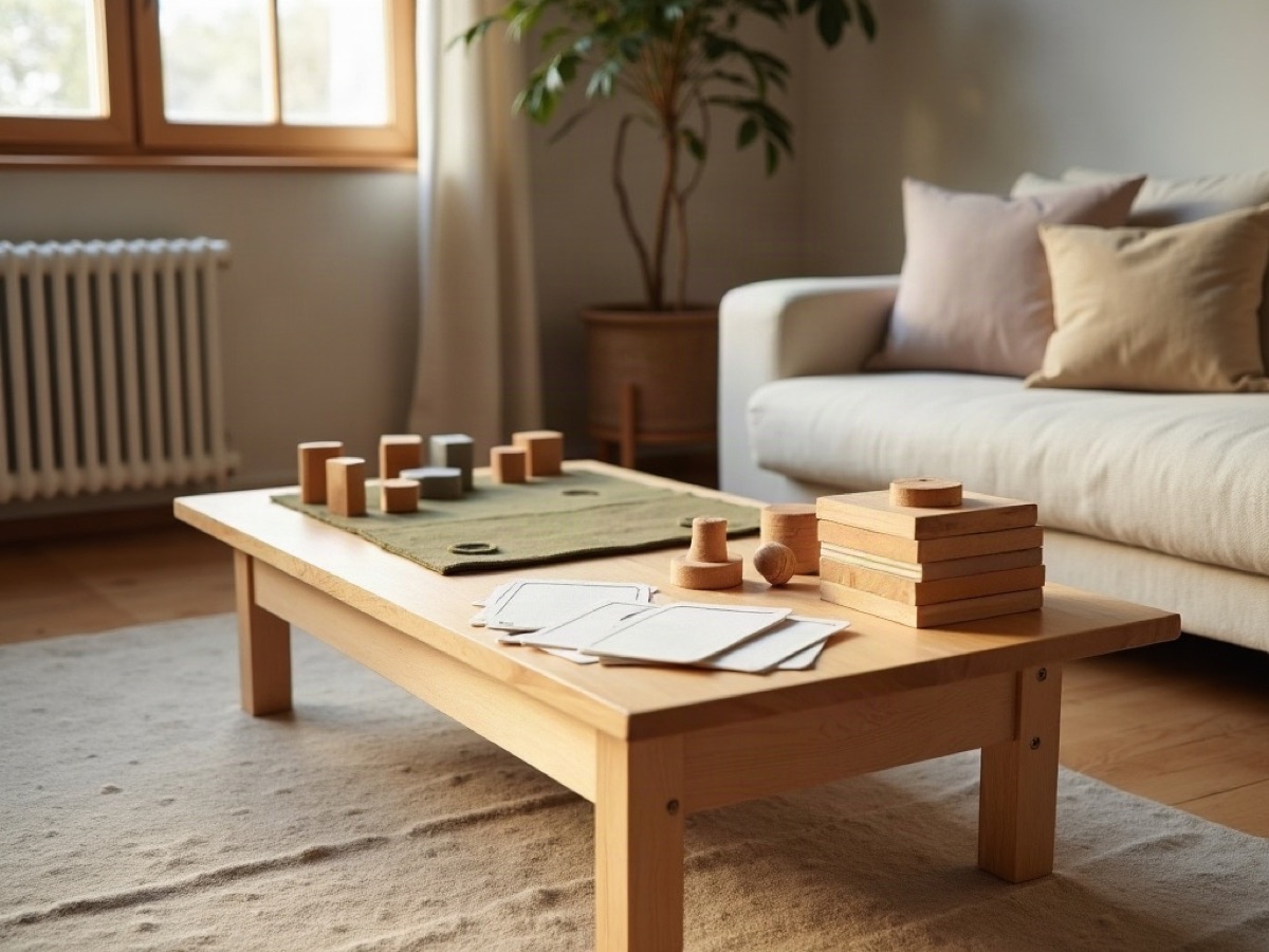 Wooden blocks, a cloth board, and face-down cards on a low table